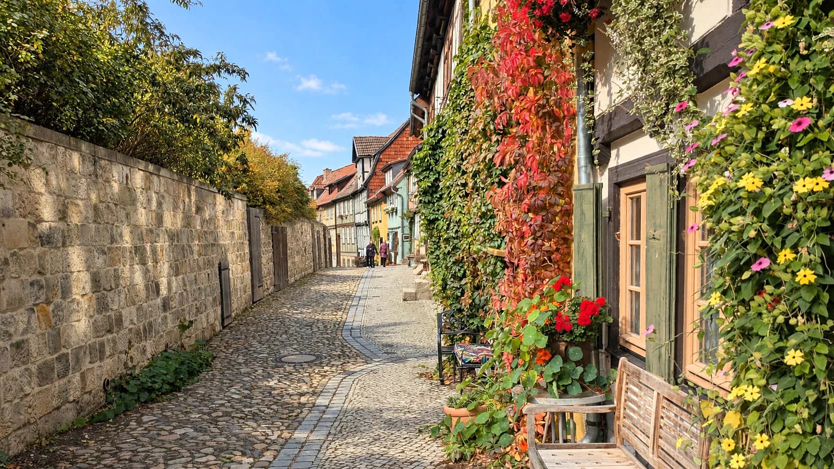 Gasse mit Kopfsteinpflaster, alter Bruchsteinmauer und blühenden Ranken an den Fachwerkhäusern in Quedlinburg