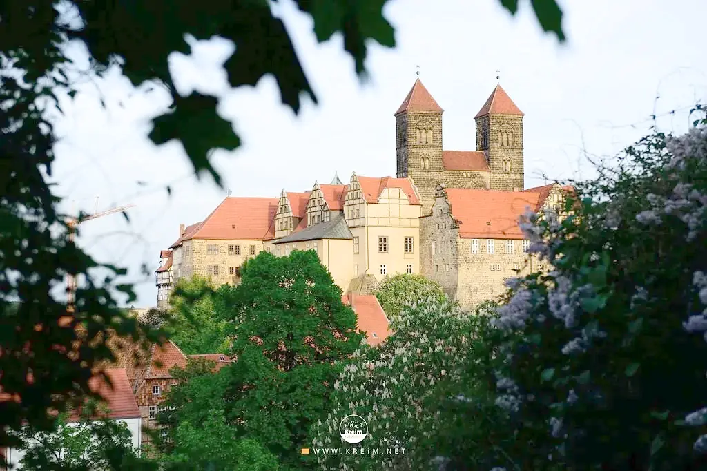 Stiftskirche St. Servatius und Schloss auf dem Schlossberg in Quedlinburg, eingerahmt von blühendem Flieder